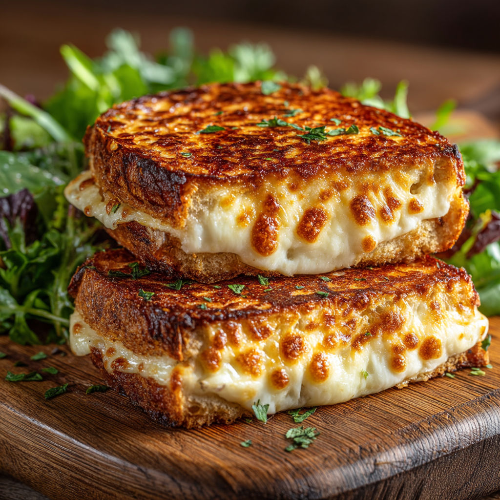 A piece of cheese toast with a green herb on top.