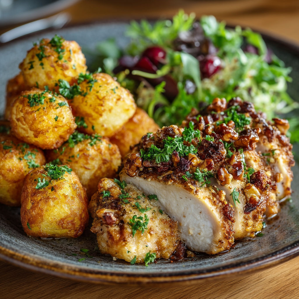 A plate of food with chicken, potatoes, and salad.
