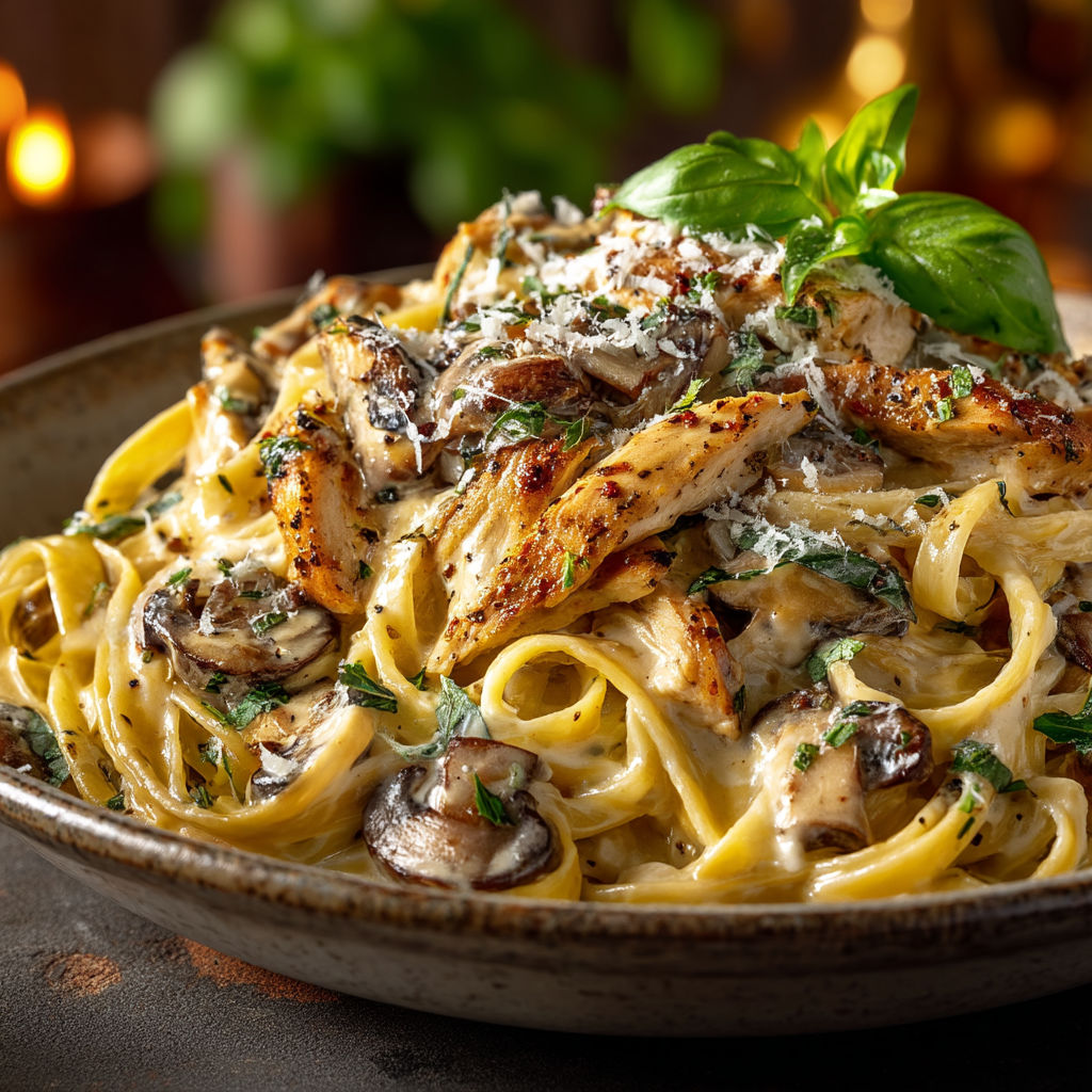 A bowl of pasta with chicken and mushrooms.