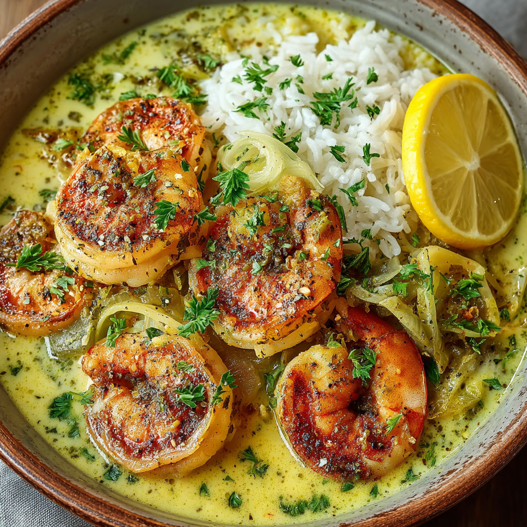 A bowl of shrimp and rice with a lemon wedge on top.