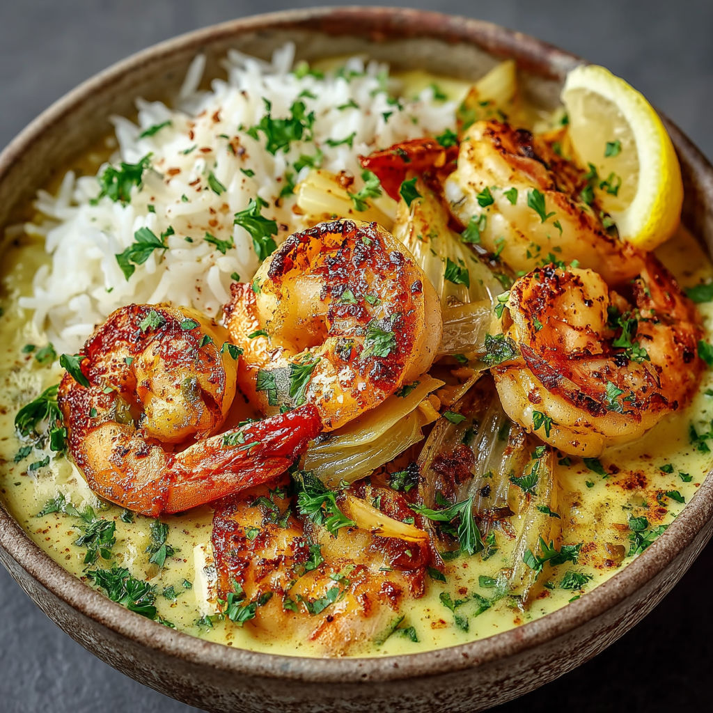 A bowl of shrimp and rice with a lemon wedge.