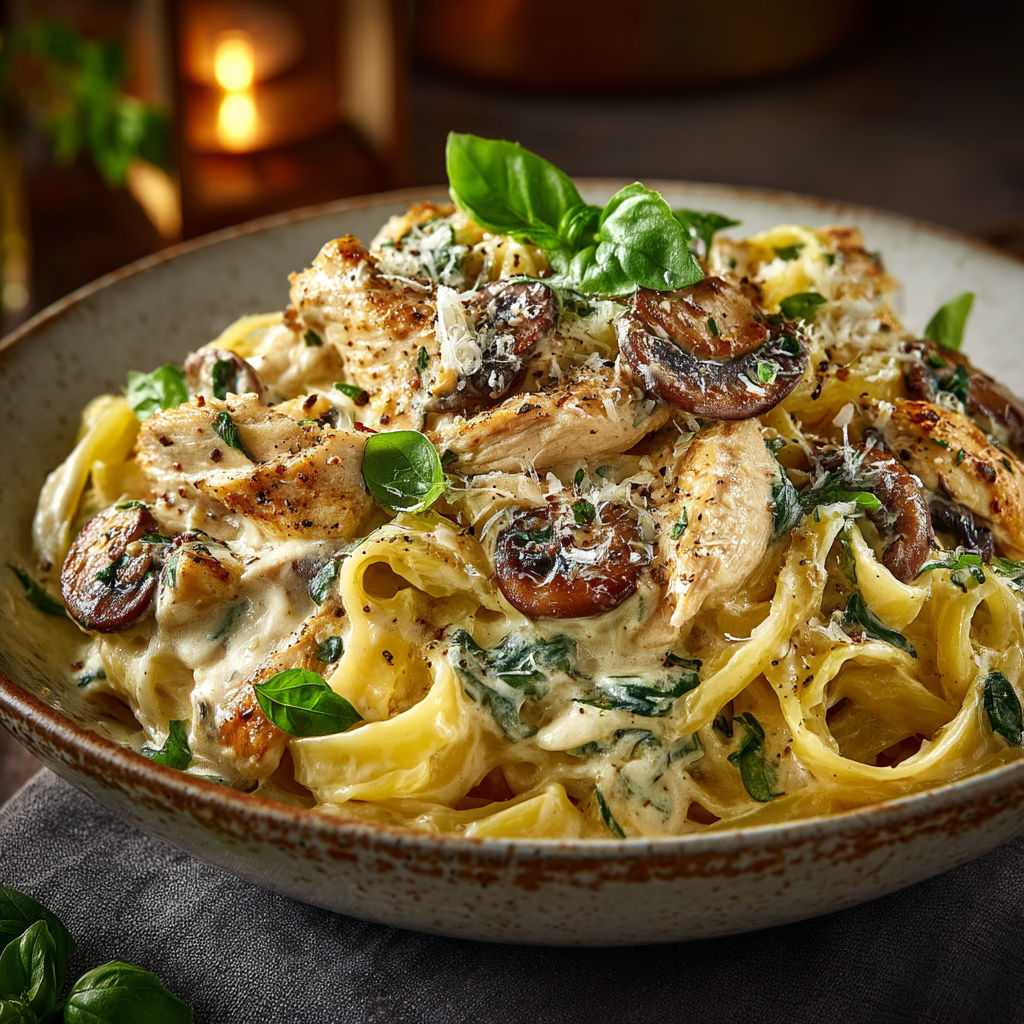 A bowl of pasta with chicken and mushrooms.