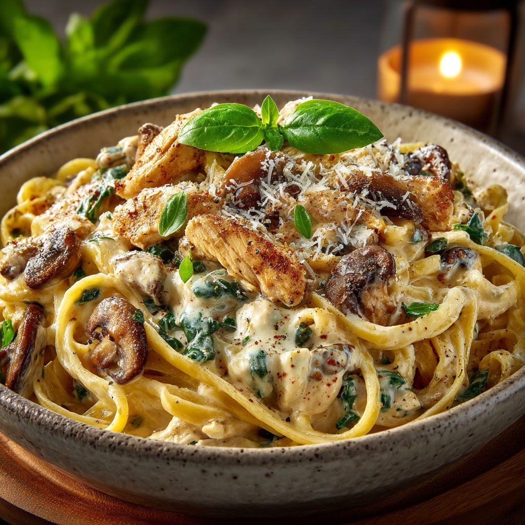 A bowl of pasta with chicken and mushrooms.