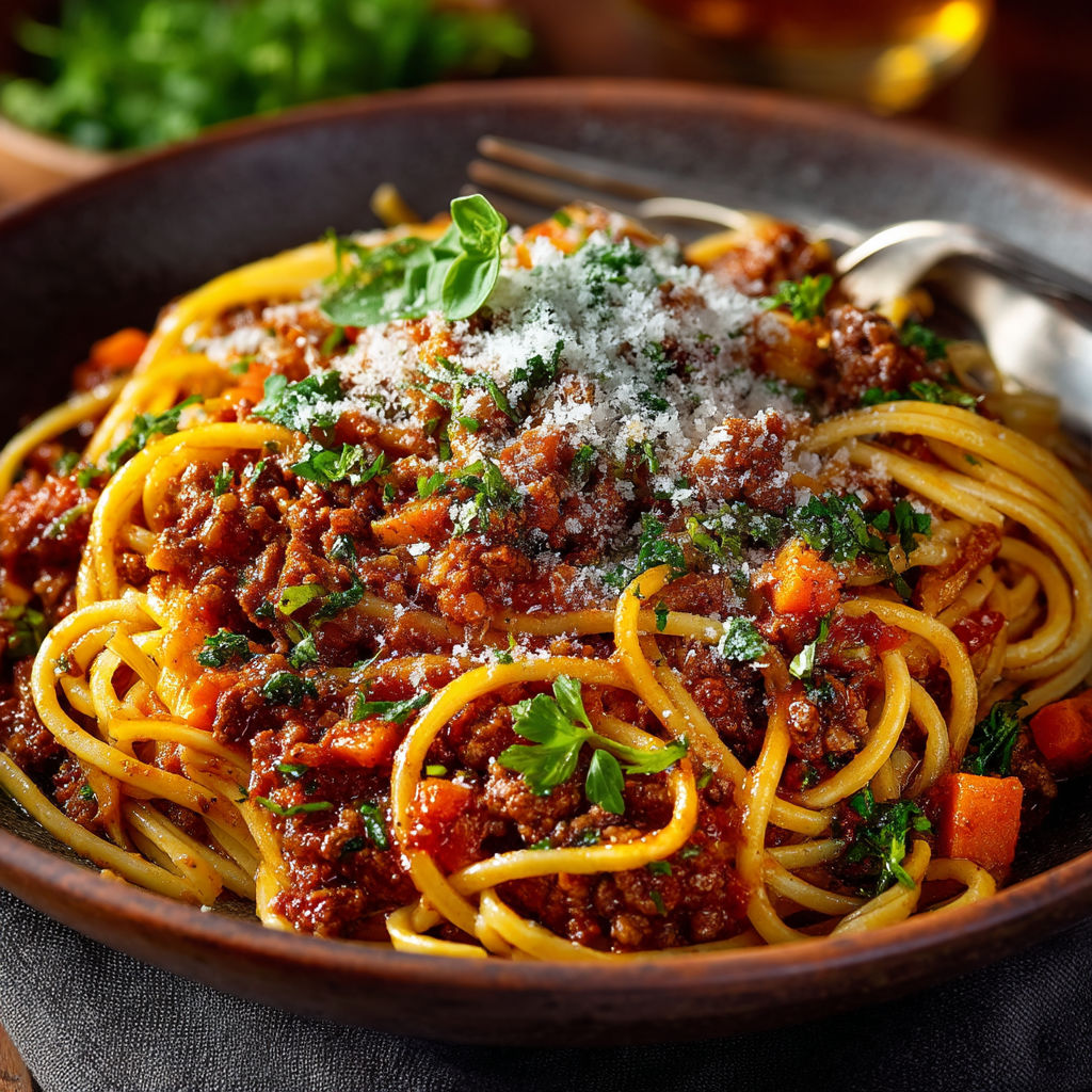 A bowl of spaghetti with meat sauce and cheese.