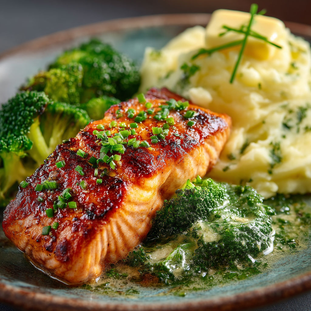 A plate of food with fish, potatoes, and broccoli.