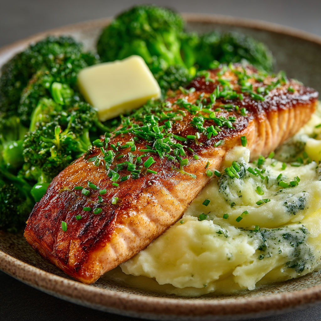 A plate of food with fish, potatoes, and broccoli.