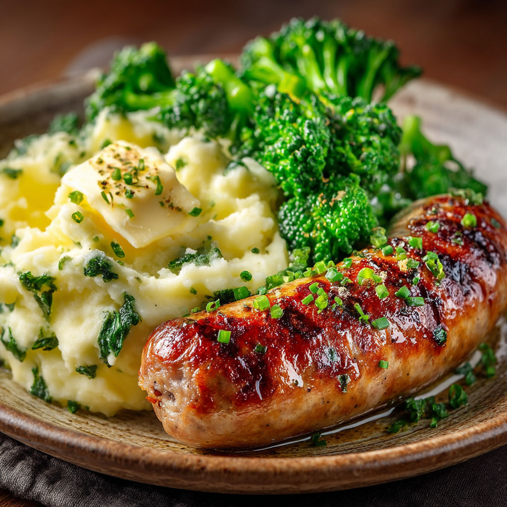 A plate of food with a sausage, potatoes, and broccoli.