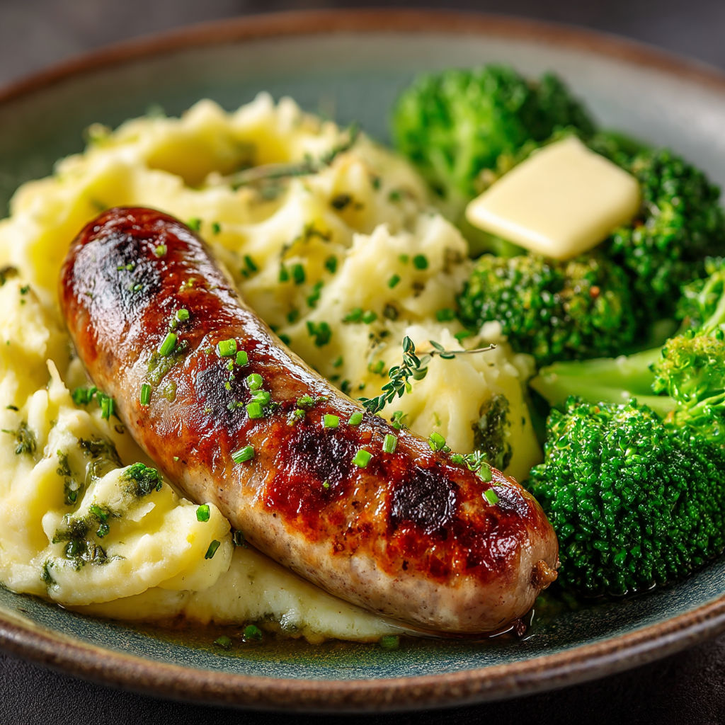 A plate of food with a sausage, potatoes, and broccoli.