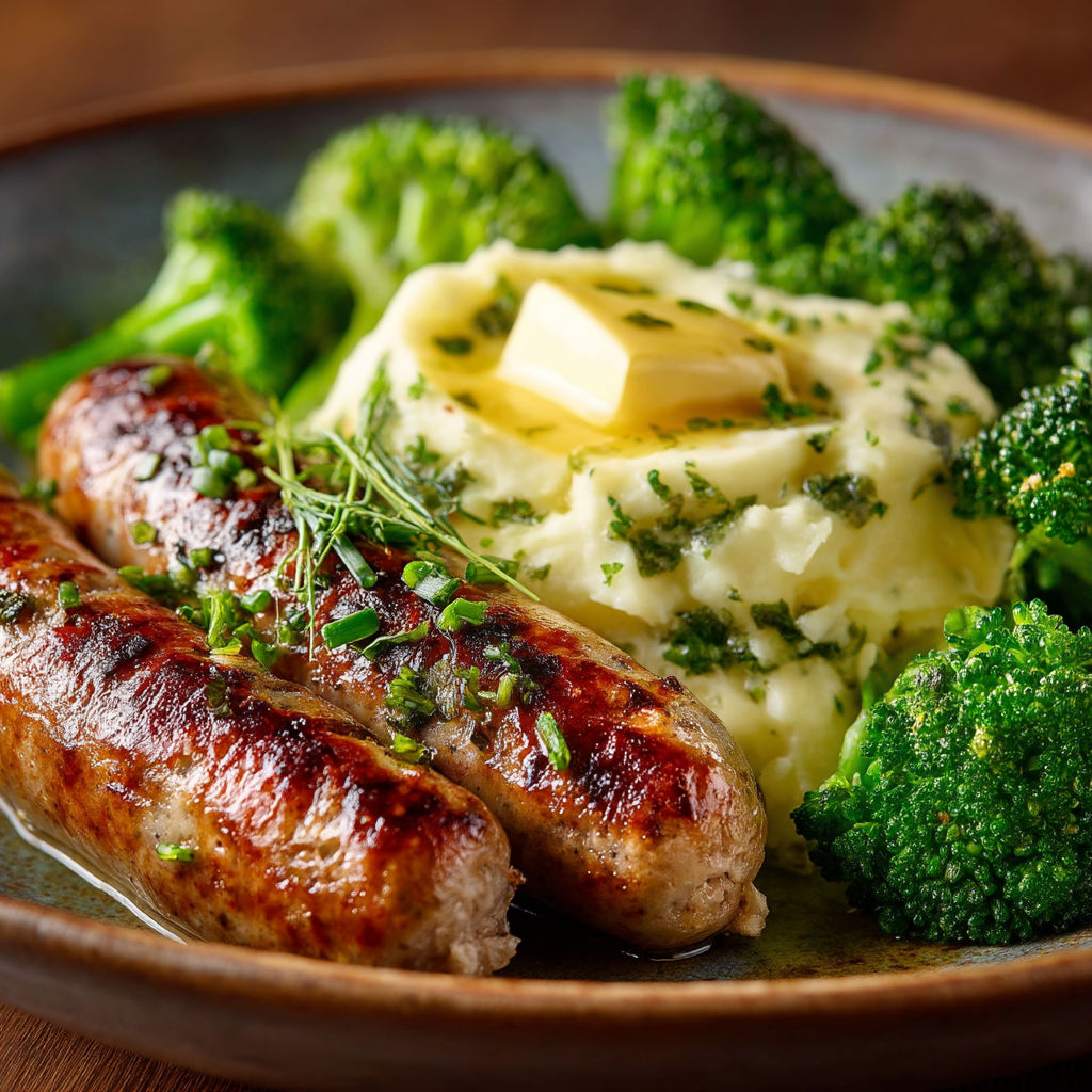 A plate of food with sausage, potatoes, and broccoli.