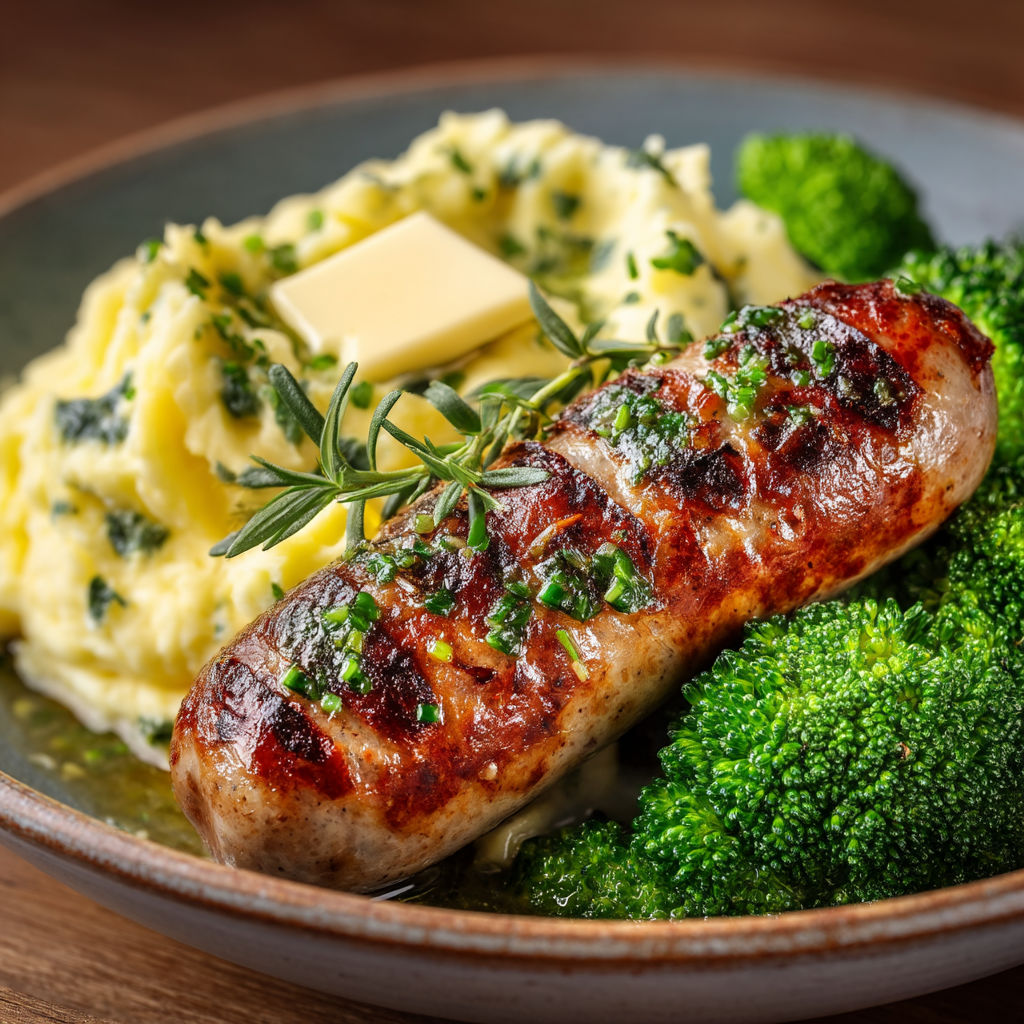 A plate of food with a sausage and broccoli.