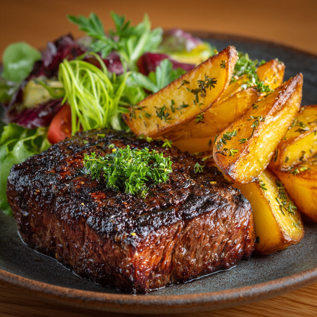 A plate of food with a steak haché, potatoes and salad.