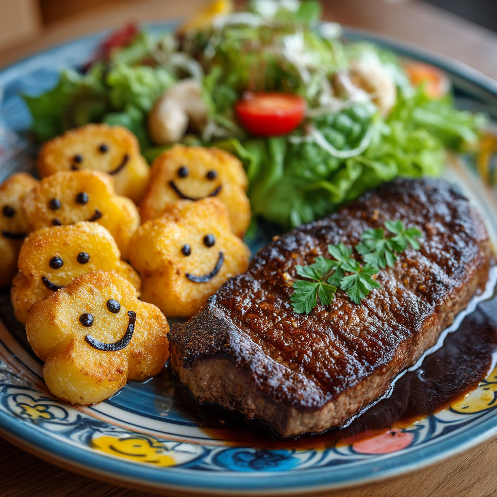 A plate of food with a steak, potatoes, and salad.
