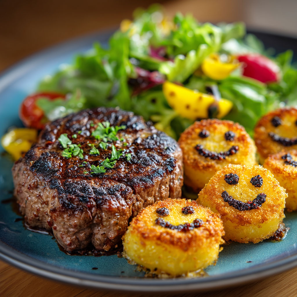 A plate of food with a steak, salad, and smiley face potatoes.
