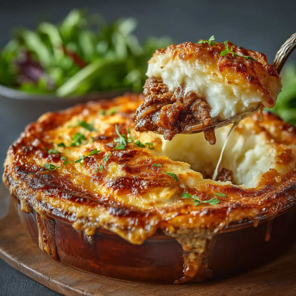 A slice of Hachis Parmentier is being served.