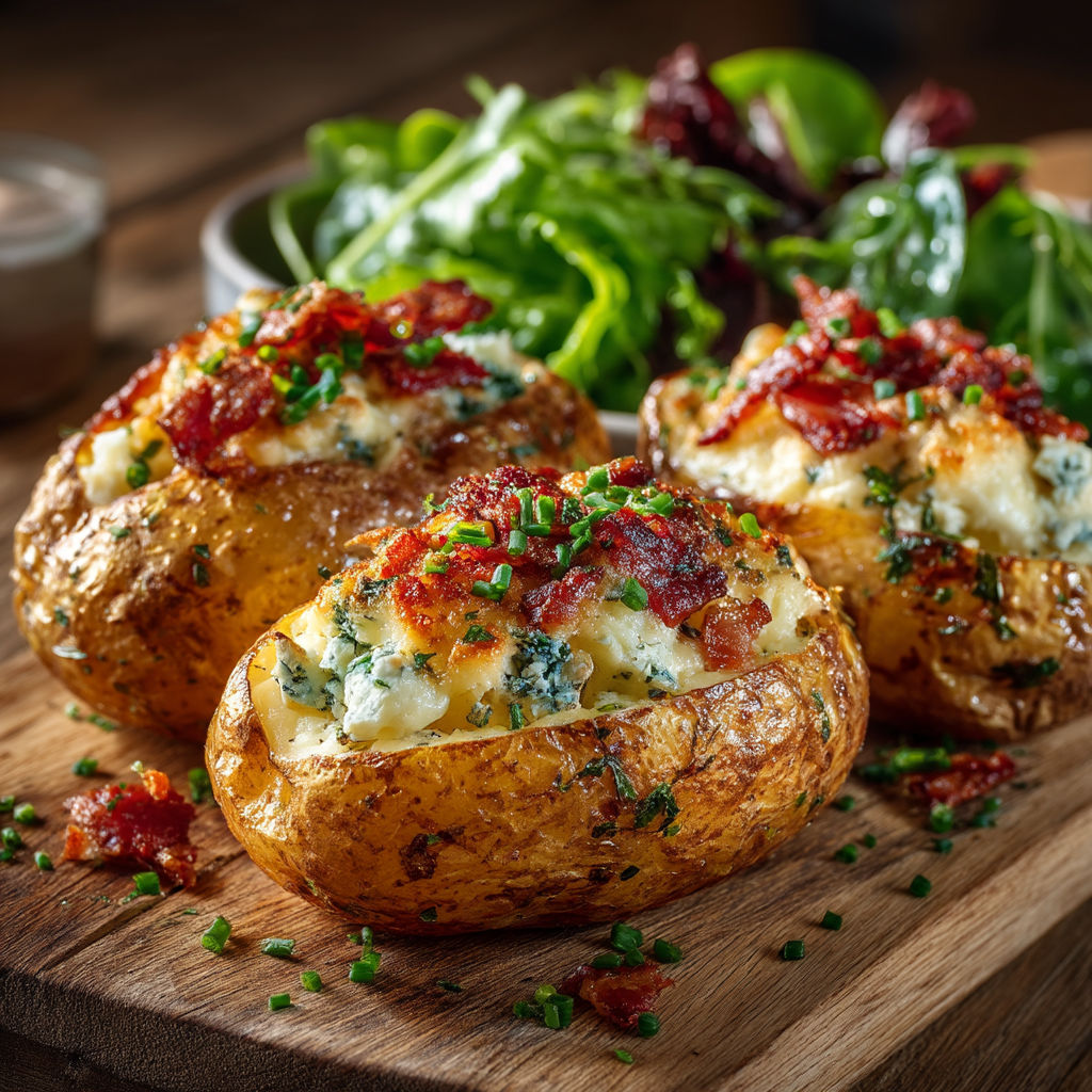 Three baked potatoes with cheese and bacon.