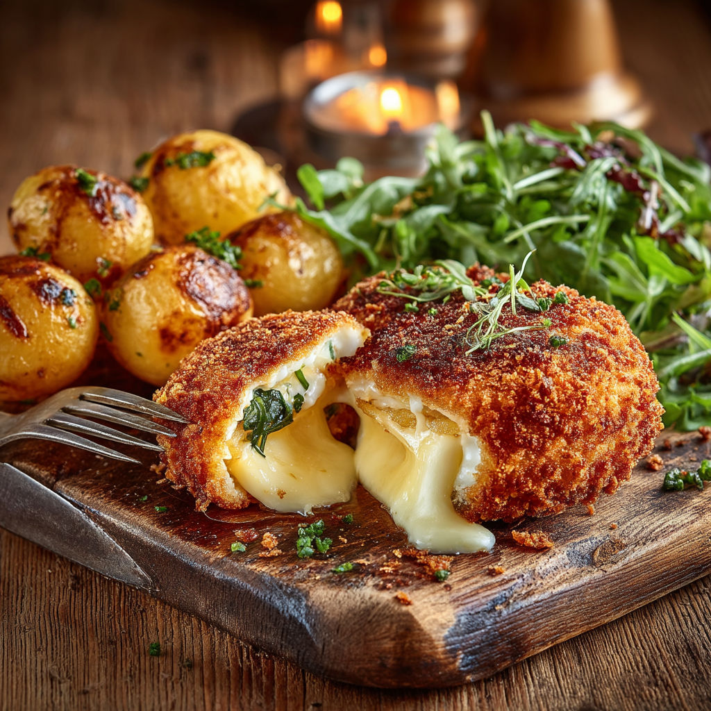 A plate of food with a chicken patty, potatoes, and greens.