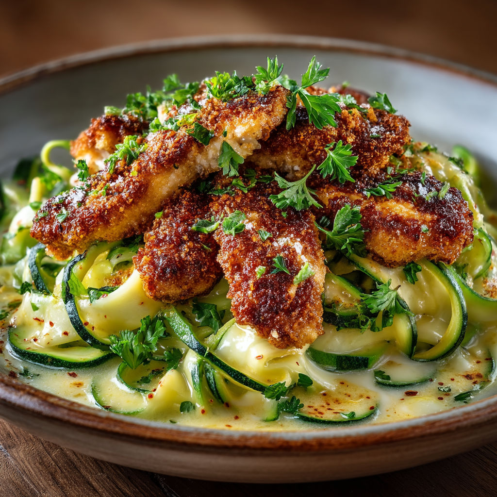 A plate of food with chicken, zucchini, and sauce.