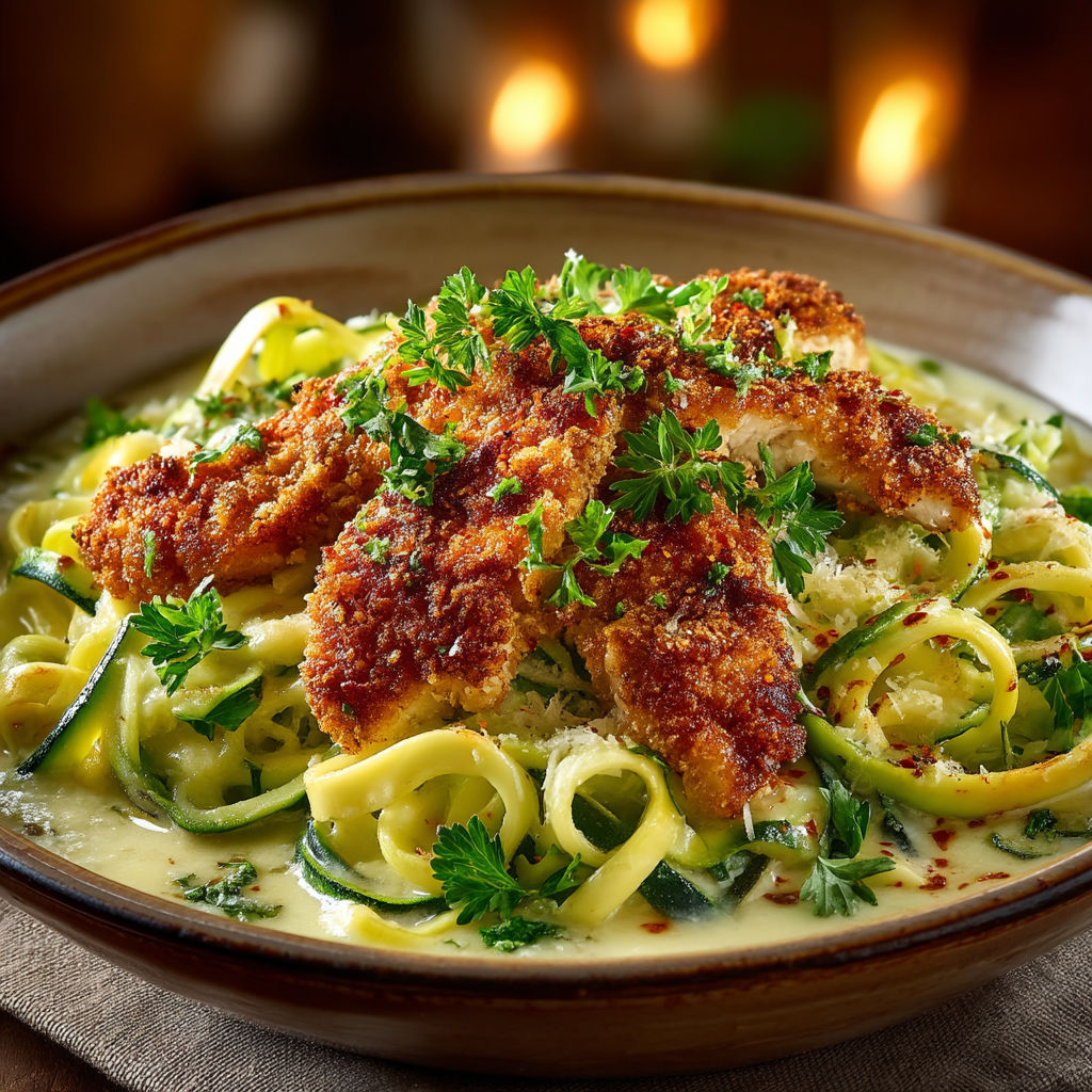 A plate of food with chicken and zucchini.
