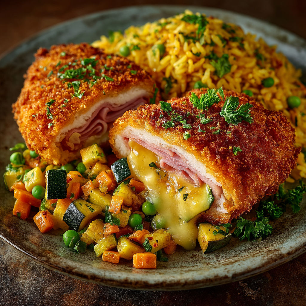 A plate of food with a chicken breast, rice, and vegetables.