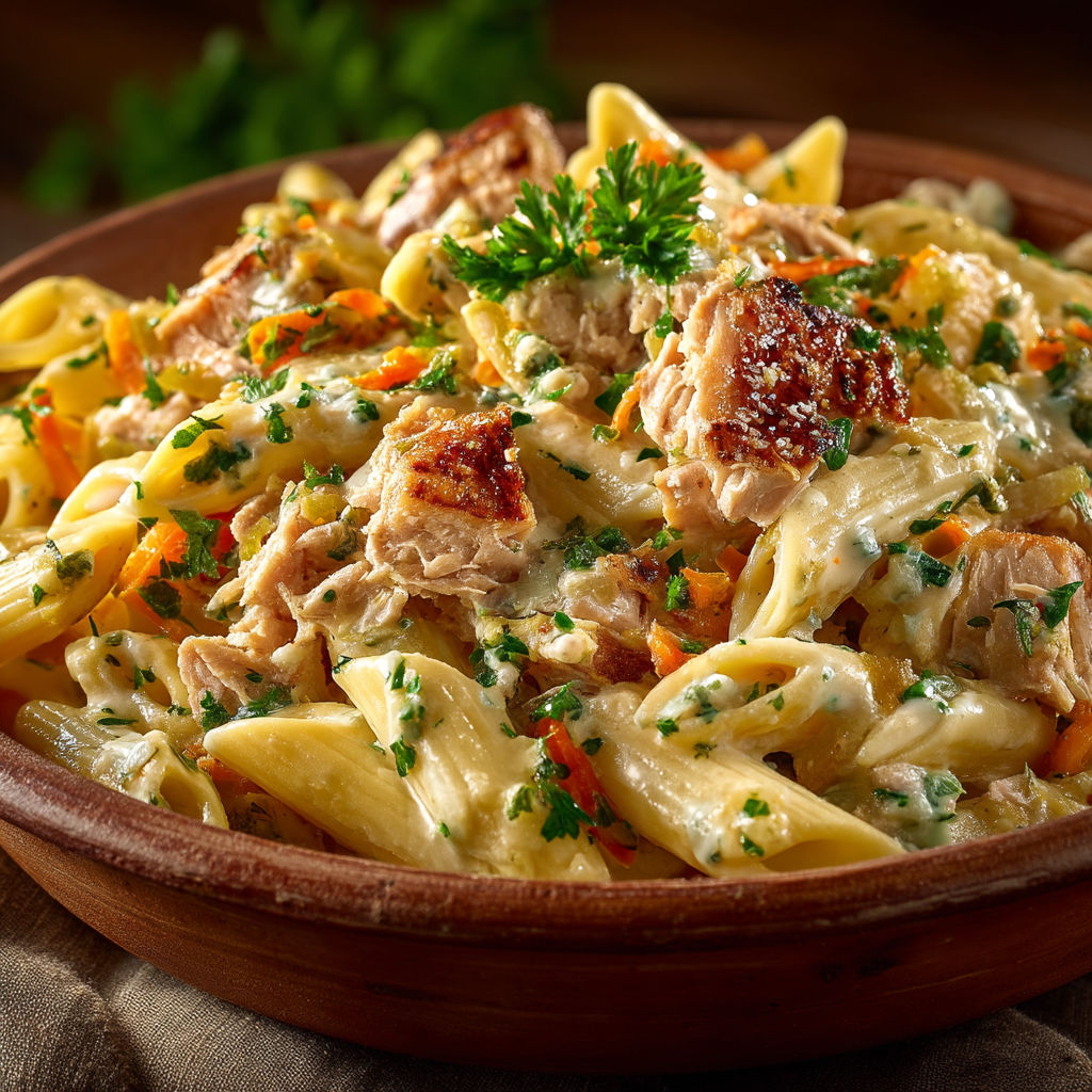 A plate of pasta with meat and vegetables.