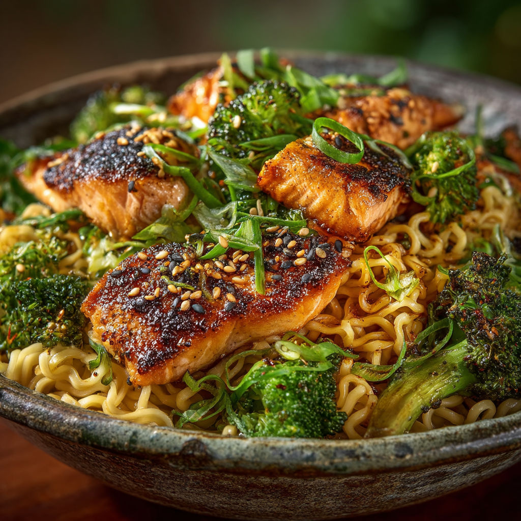 A bowl of food with broccoli and fish.