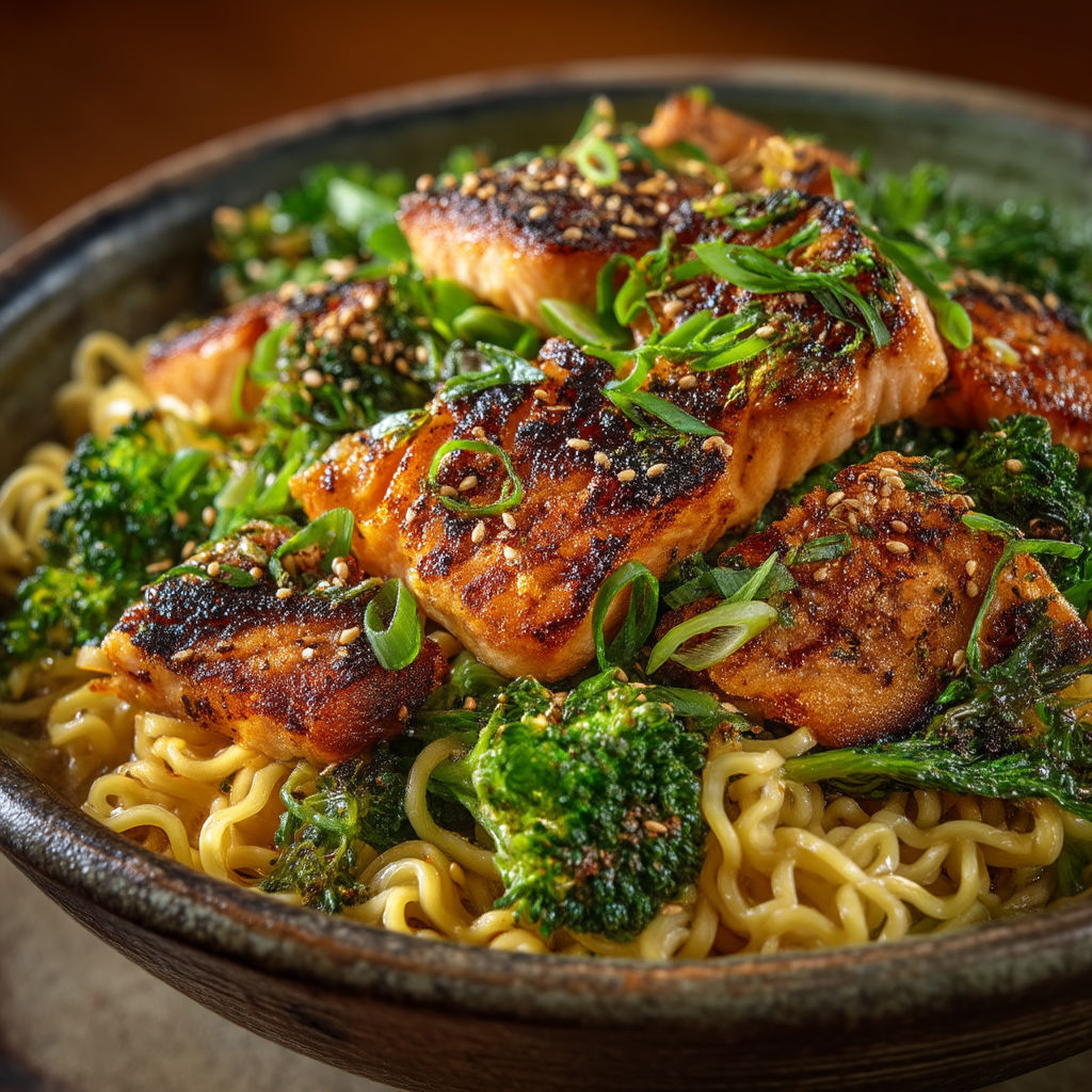A bowl of food with broccoli and salmon.
