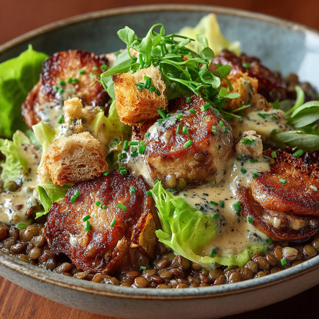A bowl of food with a green salad and bread.