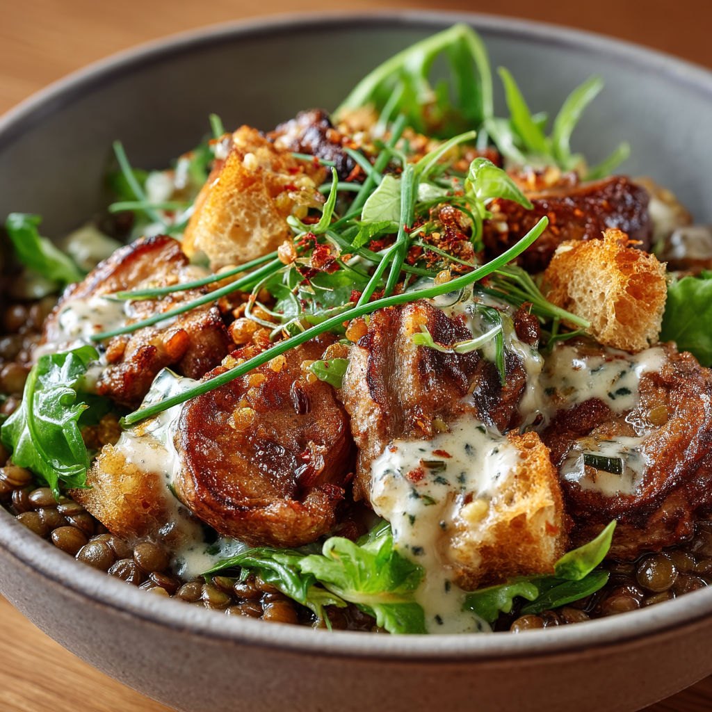 A bowl of food with a salad and bread.