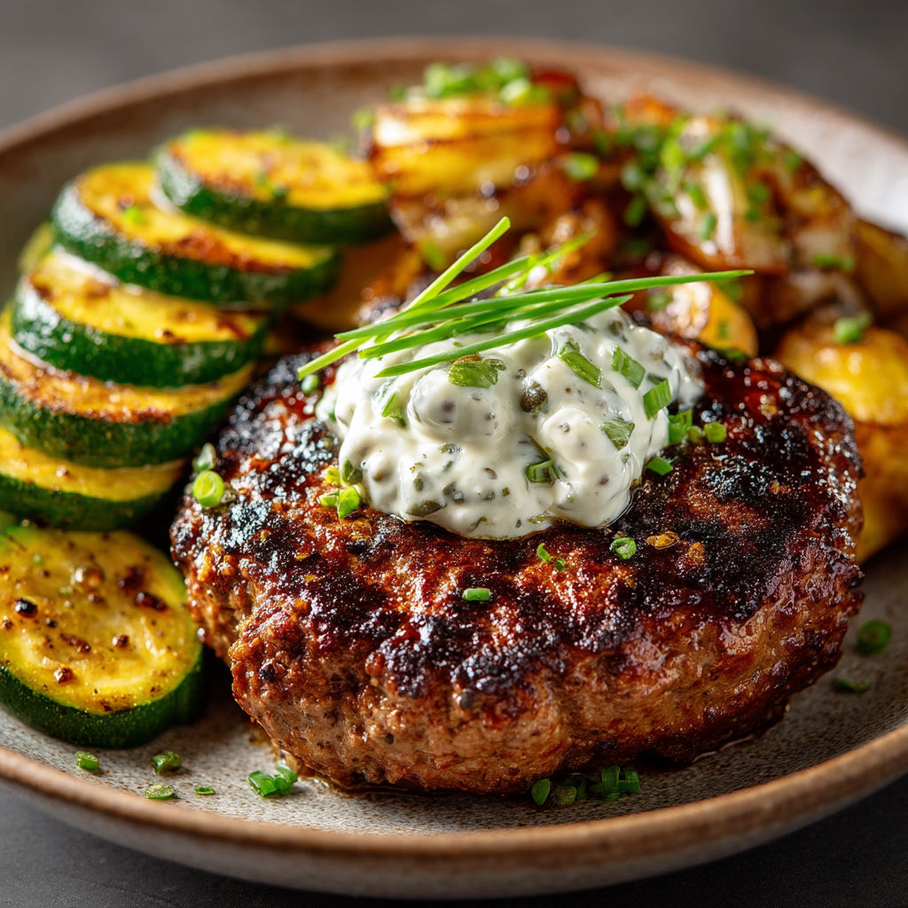 A plate of food with a steak haché, courgettes, and sauce tartare.