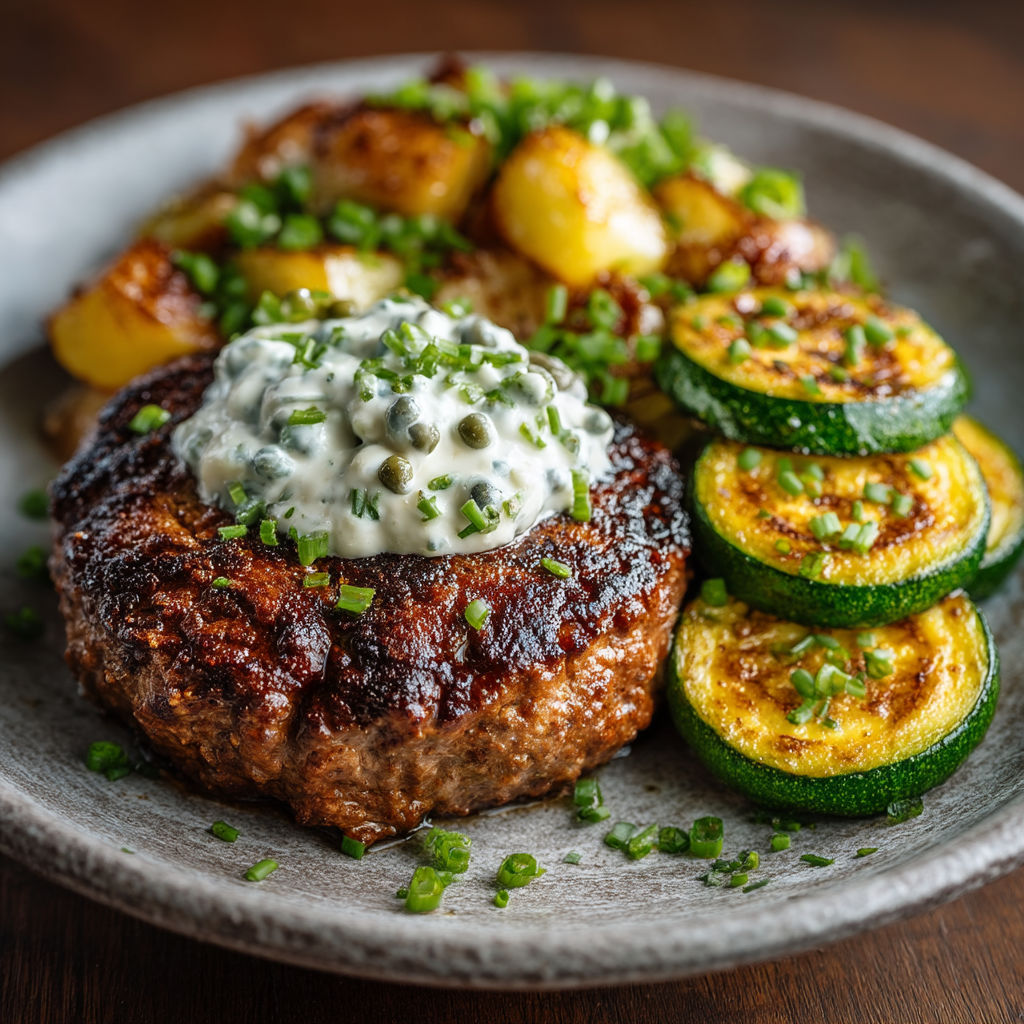 A plate of food with a steak haché, courgettes, and sauce tartare.