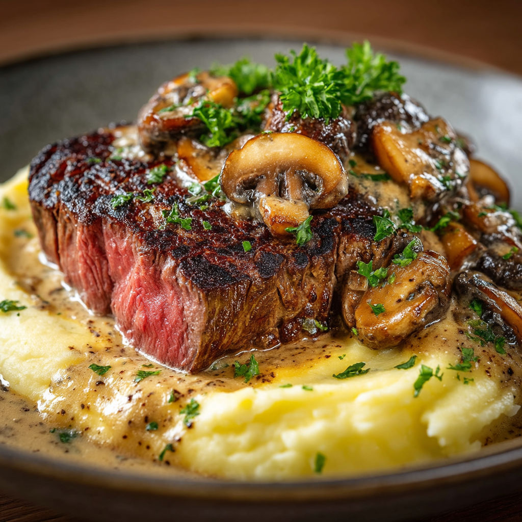 A plate of food with mushrooms and meat.