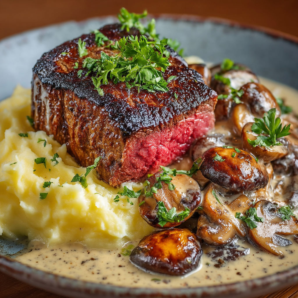 A plate of food with a steak and mushrooms.