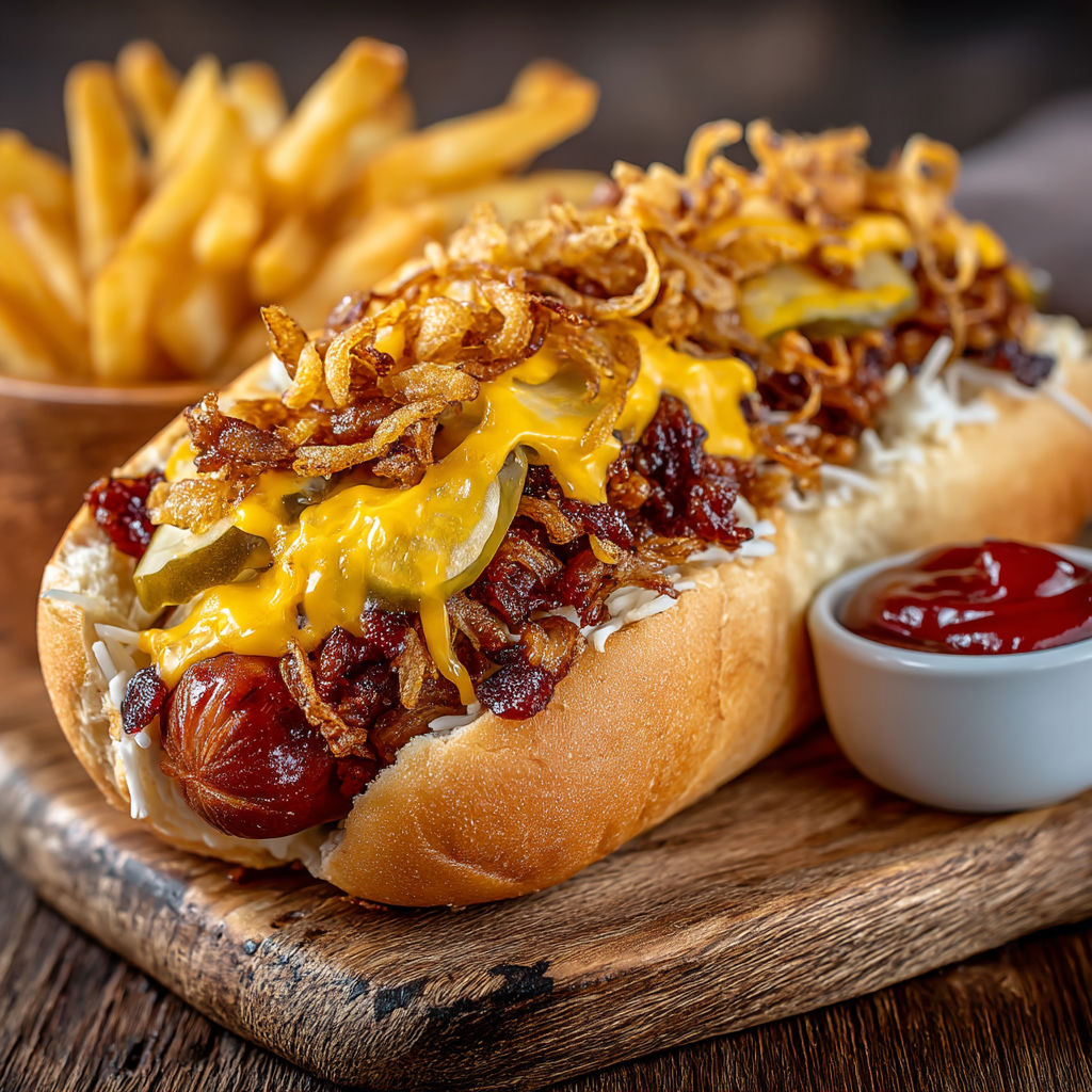 A hot dog with onions and mustard.