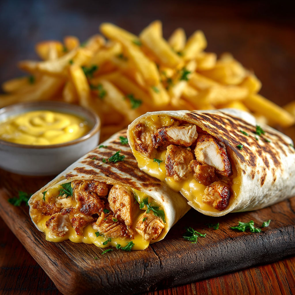 A sandwich with chicken and cheese is on a wooden table.