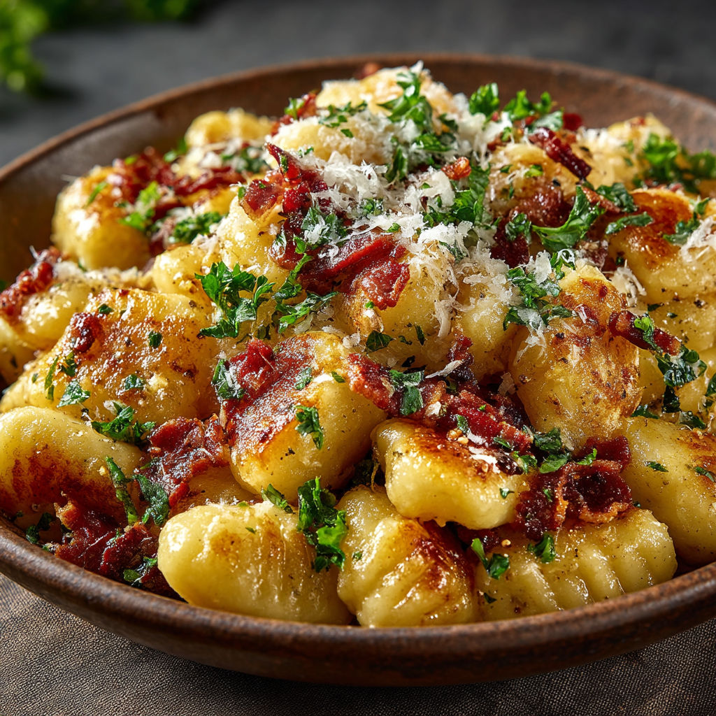 A bowl of pasta with cheese and bacon.