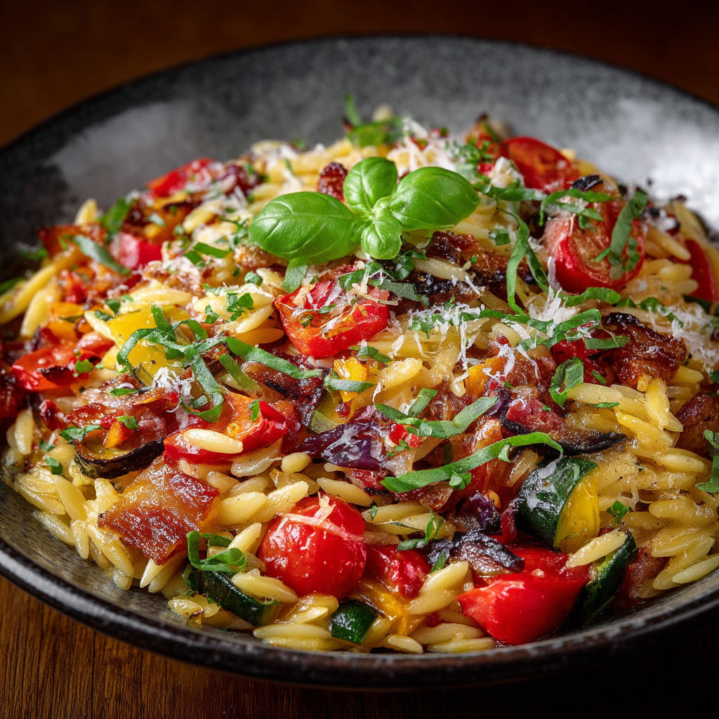 A bowl of pasta with tomatoes and basil.