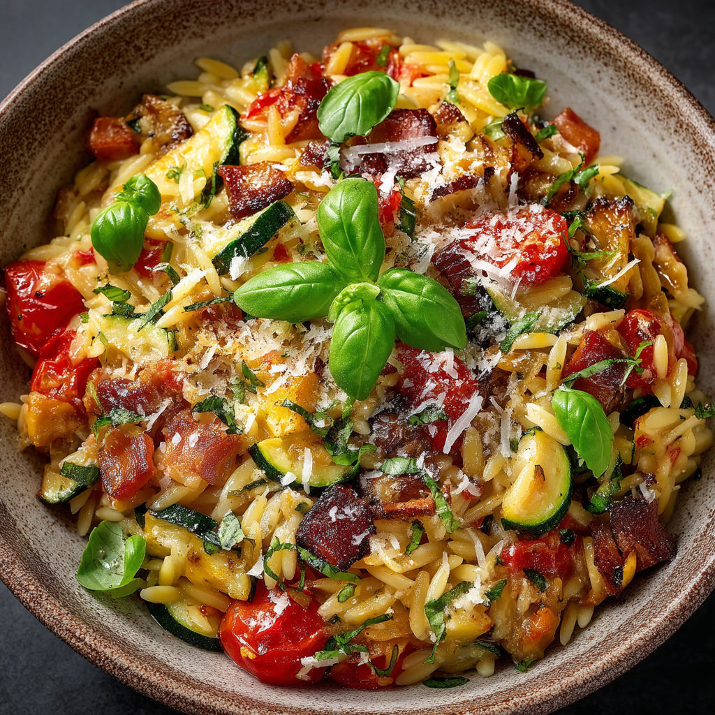 A bowl of pasta with tomatoes, basil, and lardons.