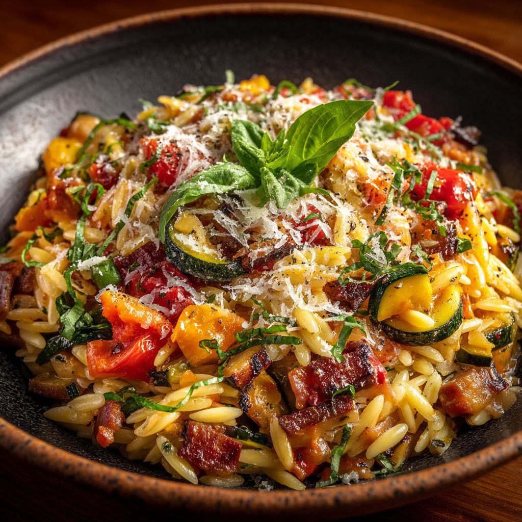 A bowl of pasta with vegetables and lardons.