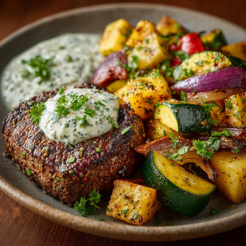 A plate of food with a steak, vegetables, and sauce.