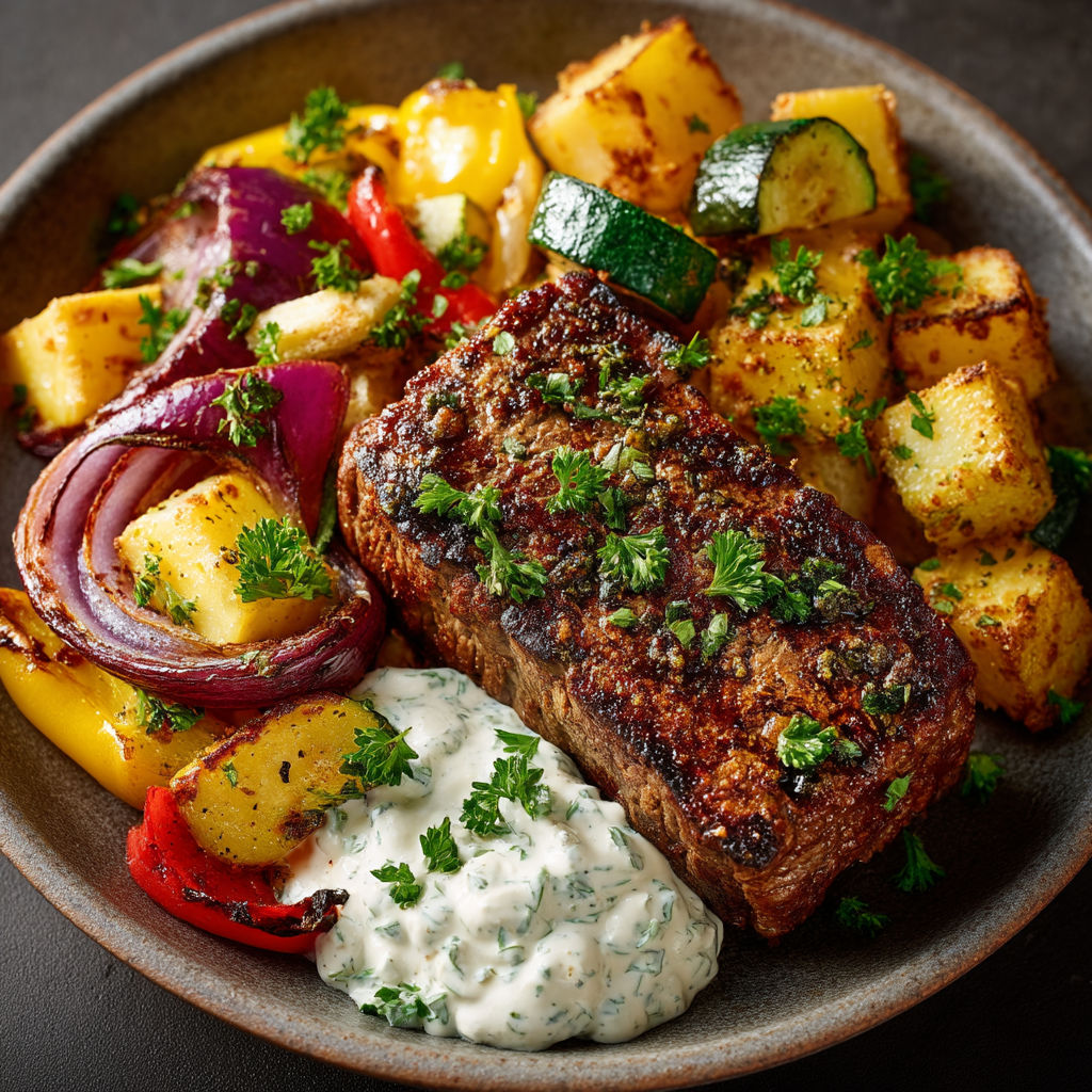 A plate of food with meat, vegetables and sauce.