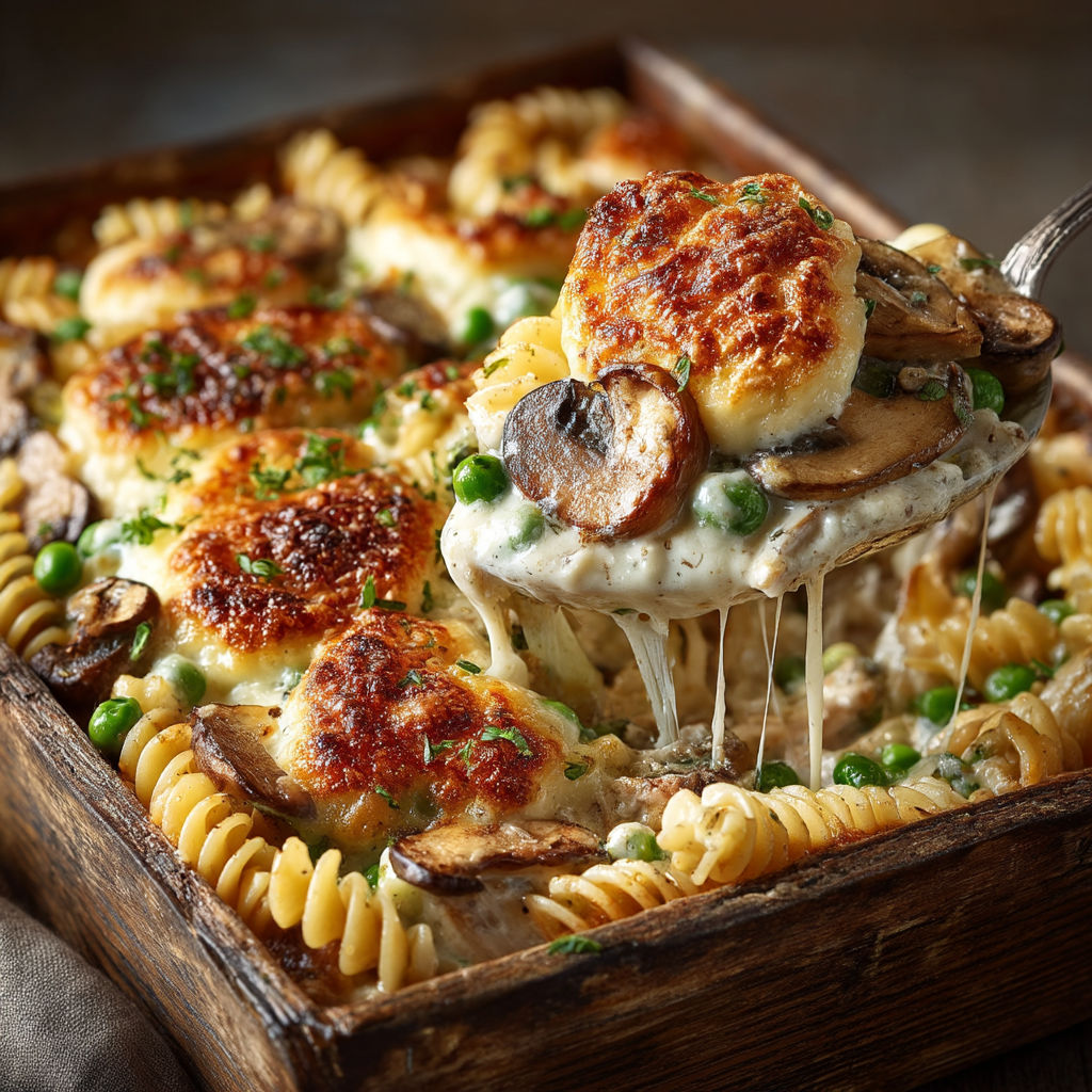 A dish of pasta with mushrooms and cheese.
