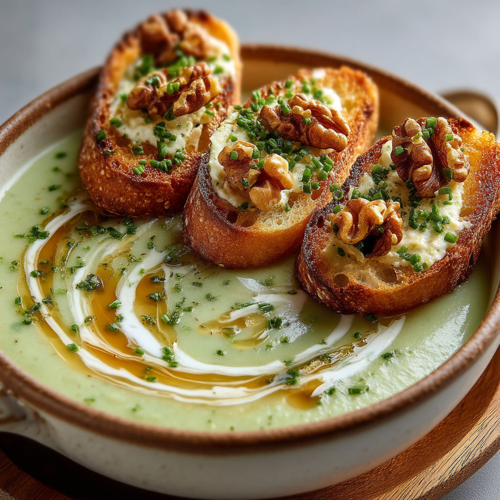 A bowl of soup with bread and nuts.