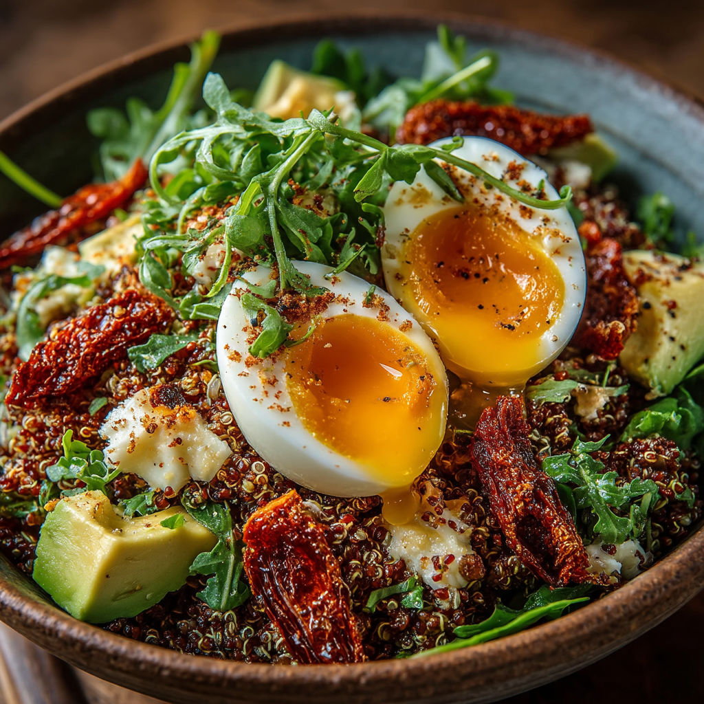A bowl of salad with eggs, avocado, and quinoa.