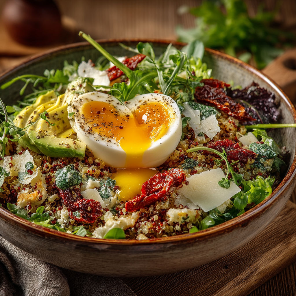 A bowl of food with eggs, avocado, and red peppers.