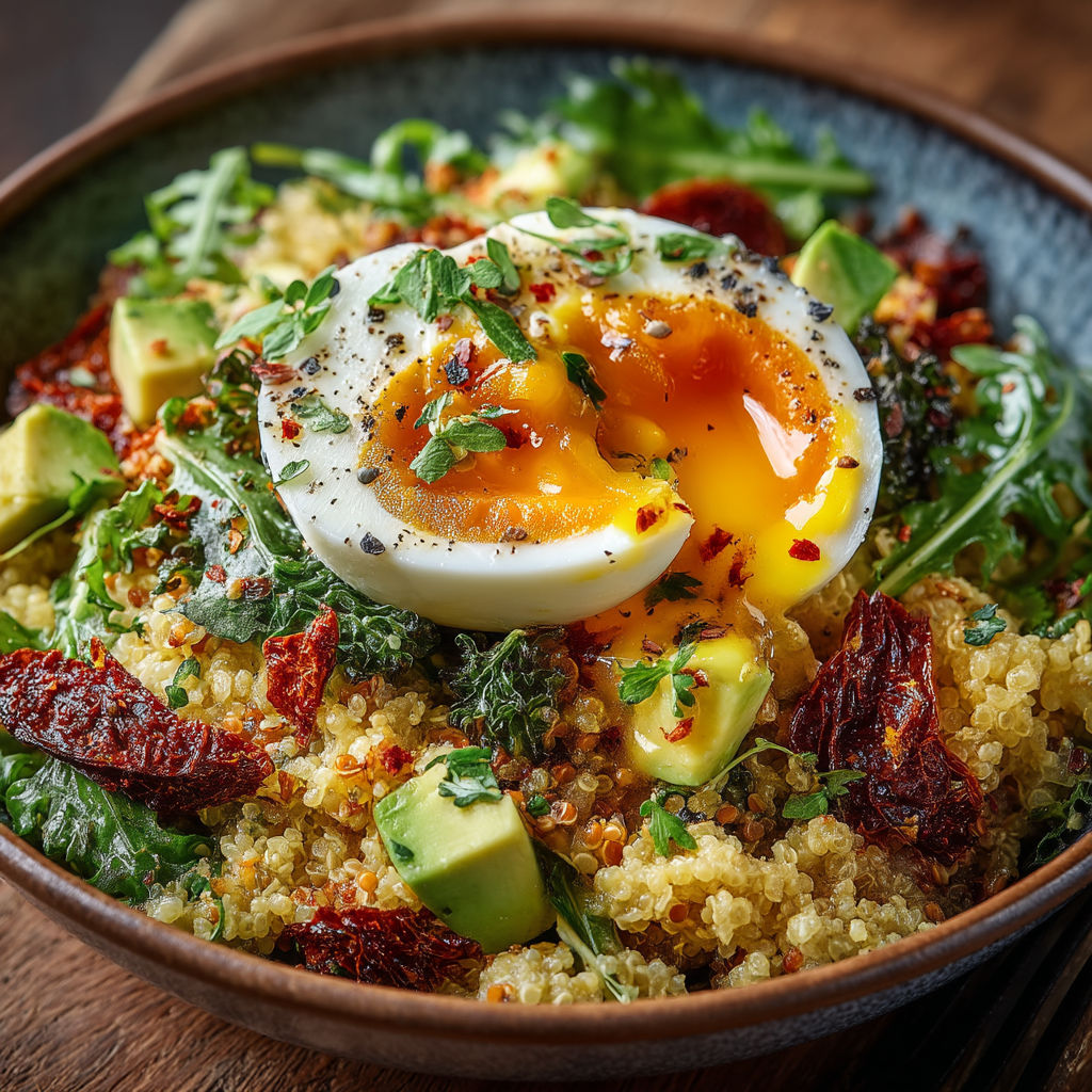 A bowl of food with a fried egg on top.