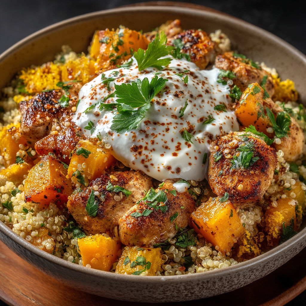 A bowl of food with chicken, butternut squash, and quinoa.