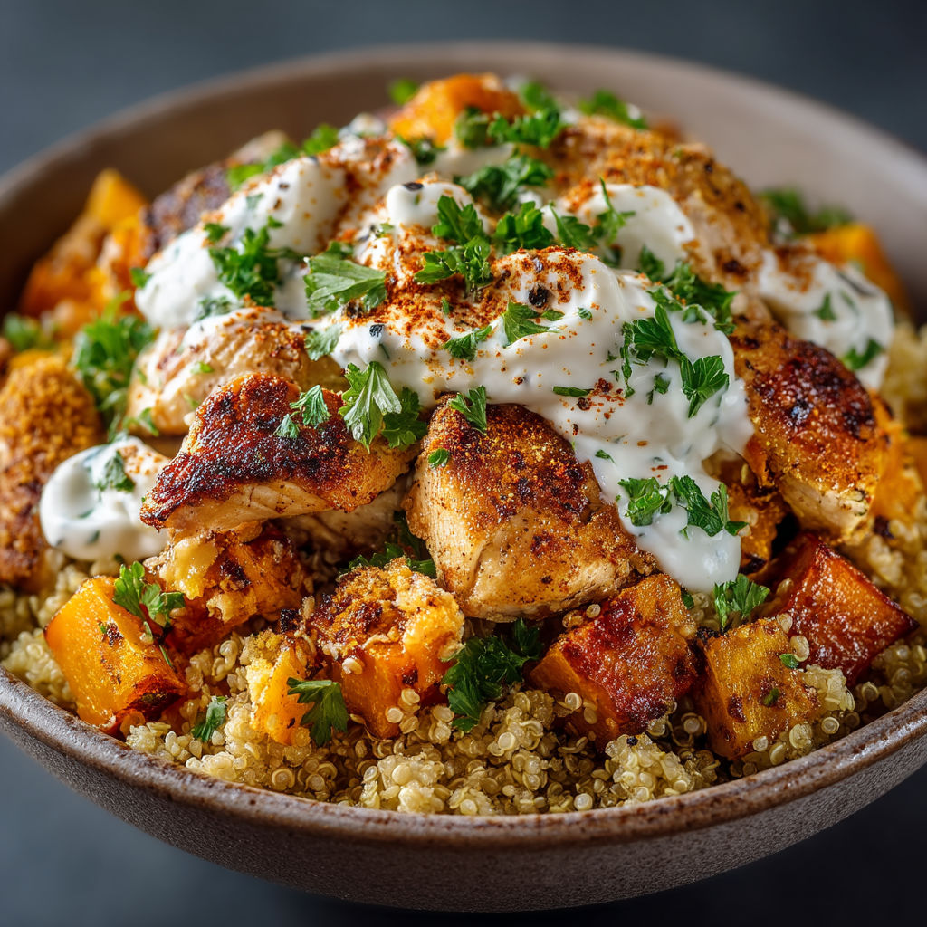 A bowl of food with chicken and rice.