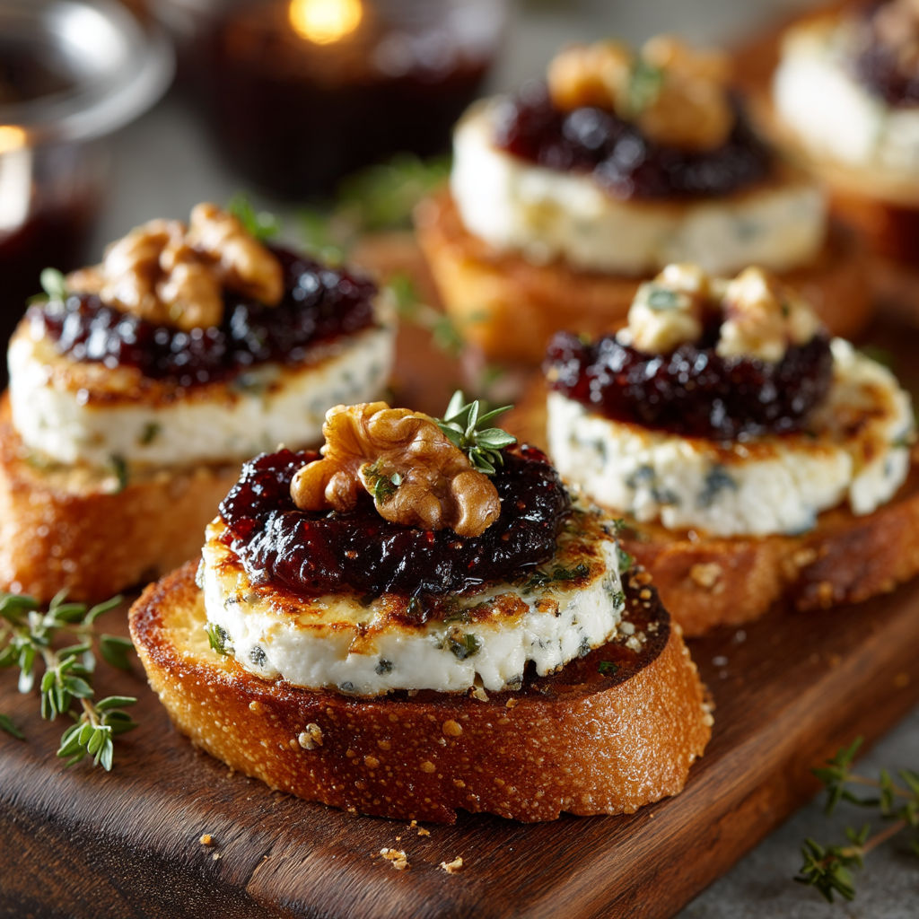 Crostini with cheese, figs, and walnuts.