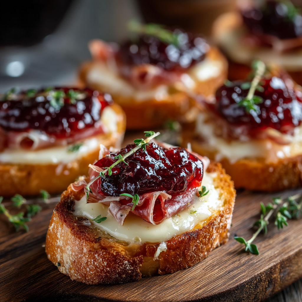 Crostini with brie, cherry jam and prosciutto.