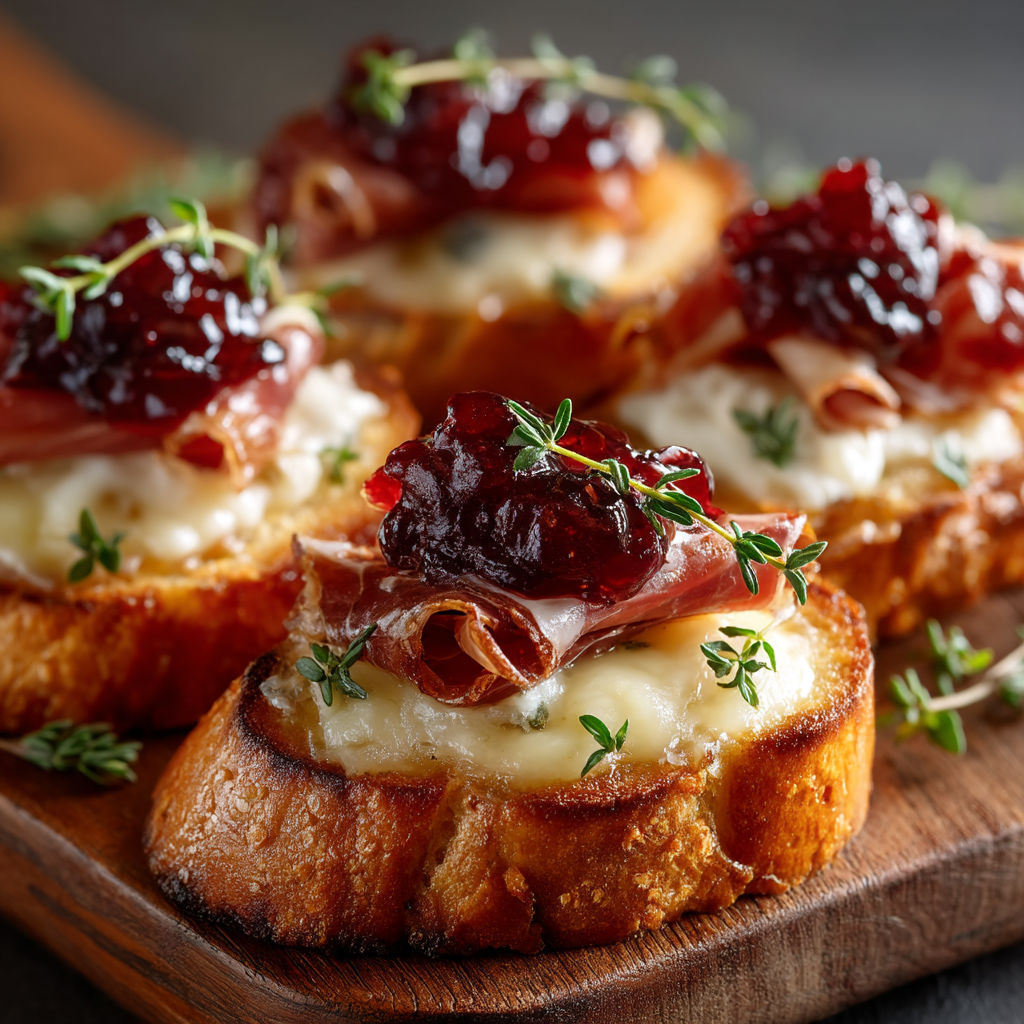 Crostini with brie, cherries and ham.